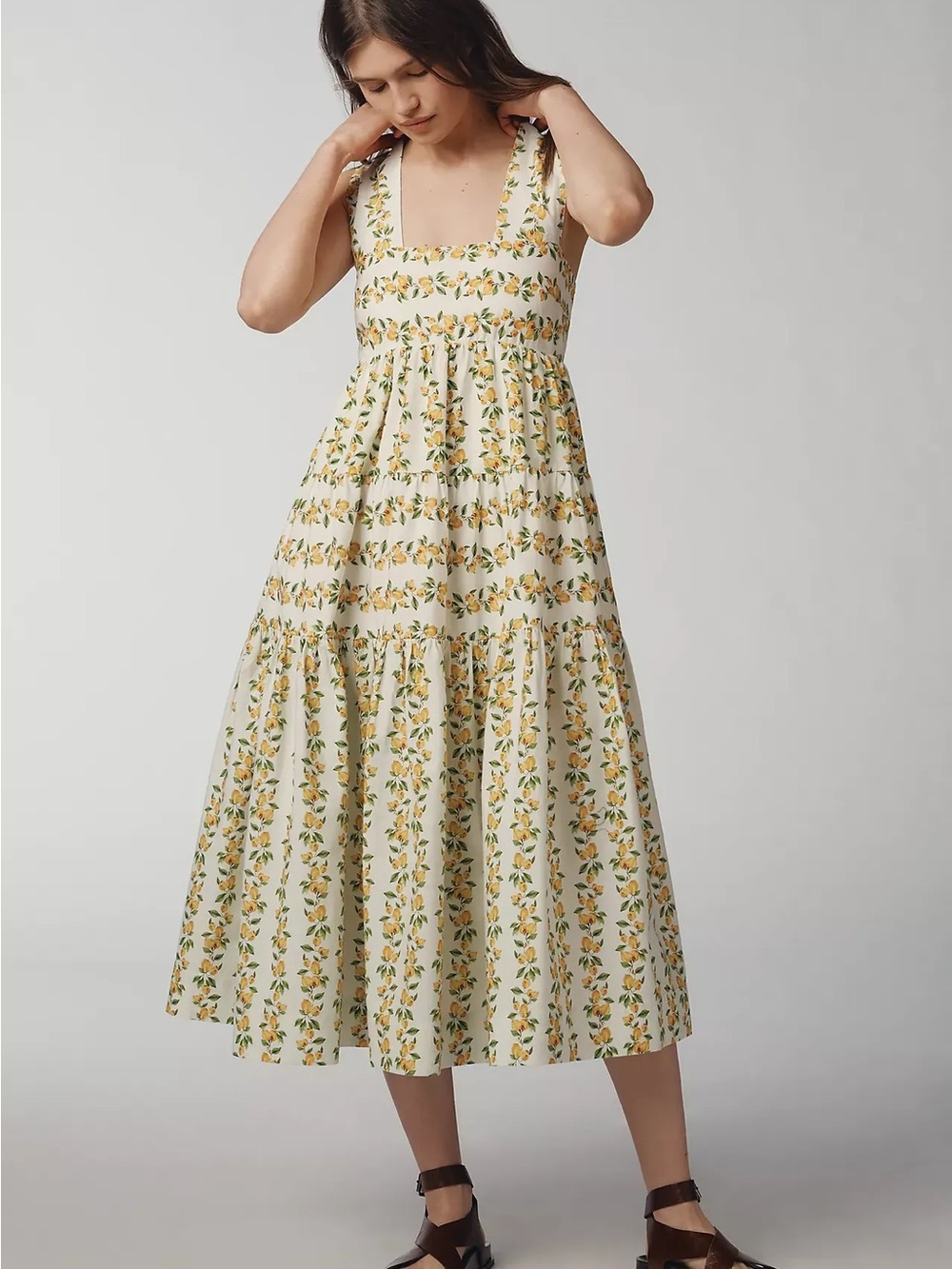 Anthropologie Helena Square-Neck Tiered Midi Smocked Dress Sz M